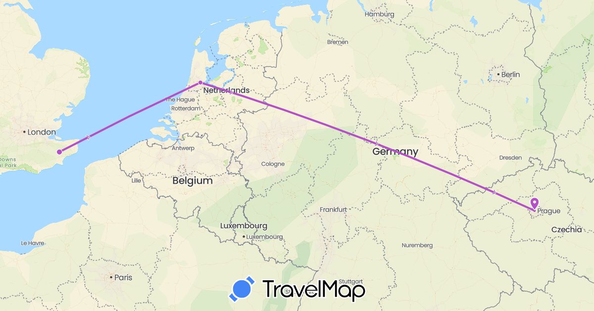 TravelMap itinerary: driving, train in Czech Republic, United Kingdom, Netherlands (Europe)